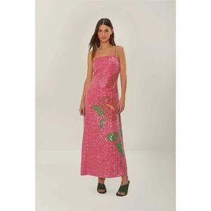 NWT FARM RIO Pink Tropical Leafs Anthurium Floral Sequined Maxi Slip Dress L